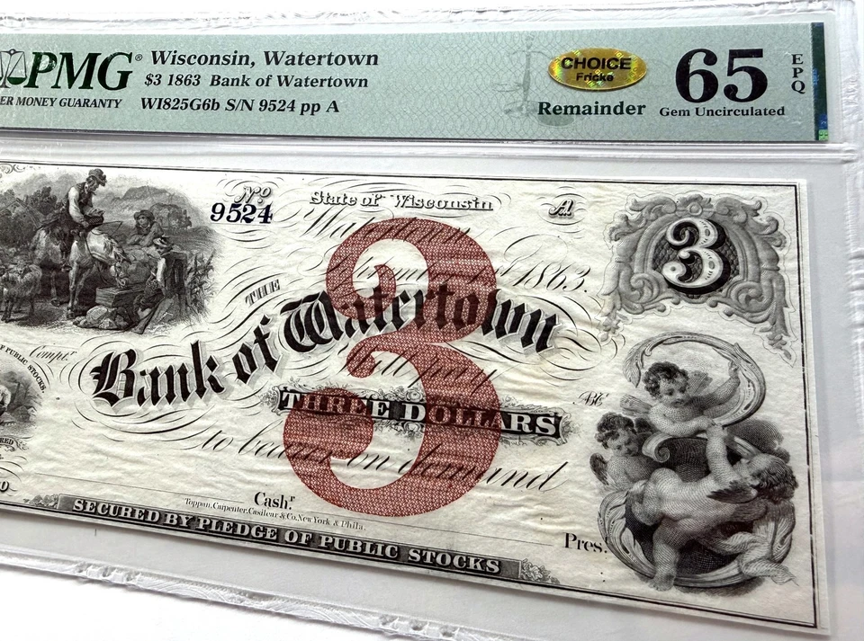 1863 $3 The Bank of Watertown, WISCONSIN Note - CIVIL WAR Era PMG Gem 65 EPQ - Image 4 of 4