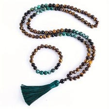 Mala Set – 108 Perlen Halskette & Armband Gelbes Tigerauge Onyx Türkis