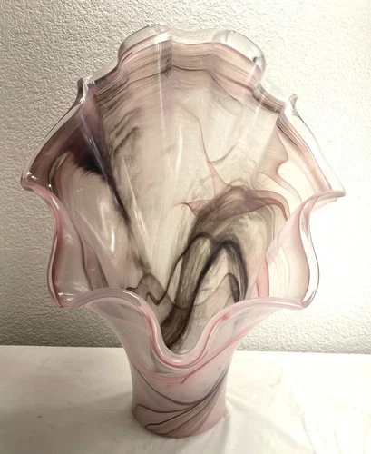 Murano Hand Blown Pink Large Clam Shell Vintage Glass Vase