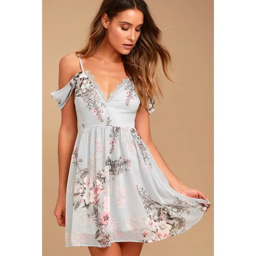Lulu’s womens Verona Light Blue Floral Print Off-the-Shoulder Lace Dress NWT XL