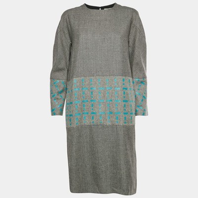 Fendi Grey Abstract Print Wool Jacquard Long Sleeve Shift Dress M