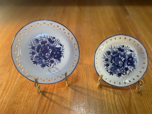 Set Of 2 Pierced-Blue & White Decorative Plates-Floral~9.25” Round-& 8”