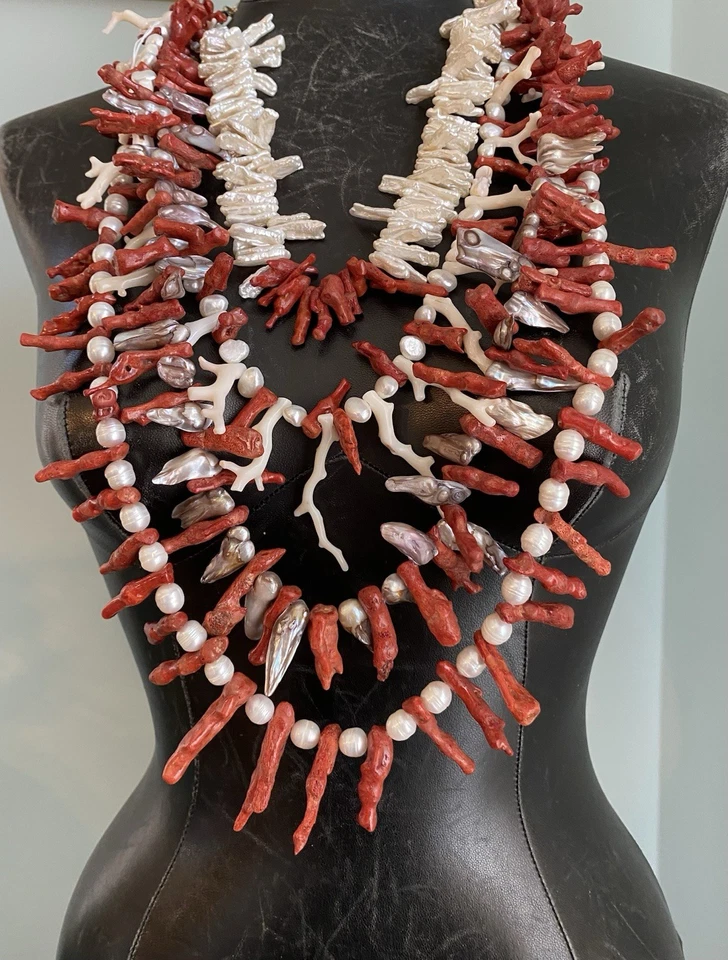 Collar Coral Natural y Perla Rojo Blanco Rama Definitiva Babero en Niveles