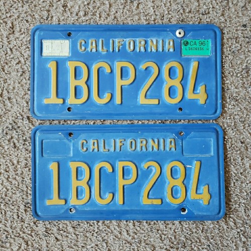 Vintage CALIFORNIA 90s Pair Of LICENSE PLATES Blue & Yellow Letters 1996 1BCP284