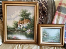 2- MARTEN Cottage Garden ORIGINAL OIL ON CANVAS PAINTING SIGNED 26x21 15x13”