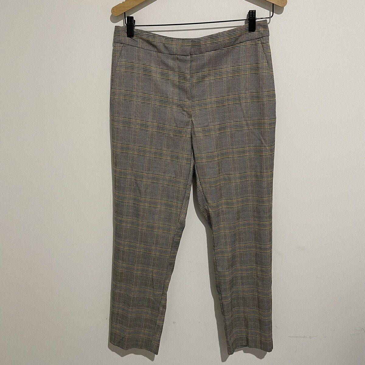 Zara Womens Plaid Check Pants Size L Work Wear Grey Yellow Black