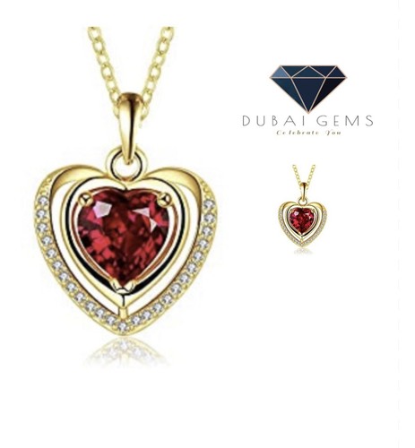 YELLOW GOLD FINISHED RED RUBY AND CREATED DIAMOND HEART CUT NECKLACE GIFT BOXED - Picture 11 of 12
