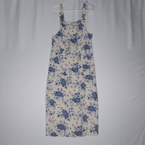 Vestido Jersey Dennis Goldsmith Lino 6P Azul Crema Floral Imperio Bolsillo Midi Años 90