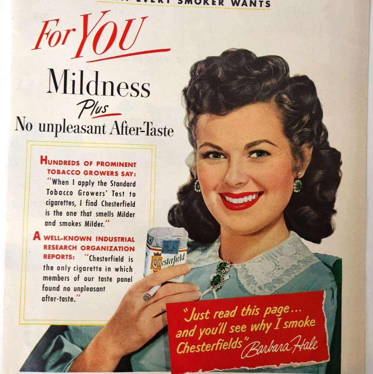 Barbara Hale Smoking Chesterfield 1951 Vintage Ad Magazine Print Celebrity