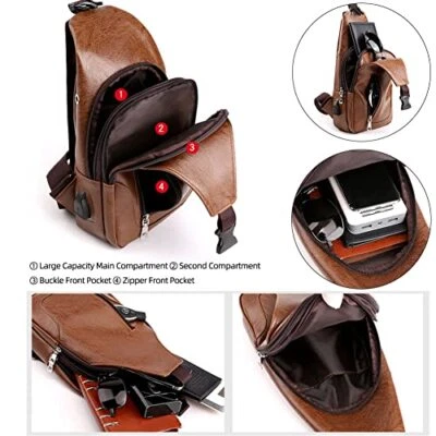 Leather Sling Bag Mens Crossbody Bag Chest Medium Verticalzipper/Light Brown - 第 4/7 张图片