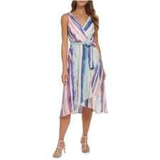 Sale! $129 DKNY Women Faux Wrap Dress Striped Print Size 8