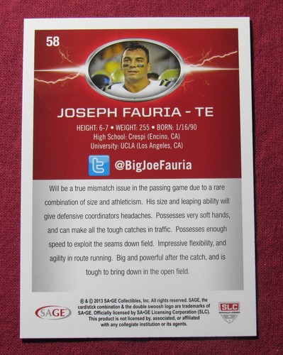 2013 SAGE HIT #58 Joseph Fauria UCLA Bruins - Picture 2 of 2