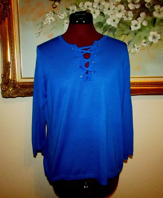 NEW JOSEPHINE CHAUS SPORT BLUE ACRYLIC/COTTON LACE FT 3/4'' SLEEVES SWEATER SZ M