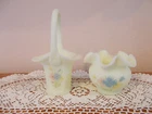 FENTON VINTAGE HAND PAINTED "DIANTHUS ON CUSTARD" BASKET AND ROSE BOWL VASE