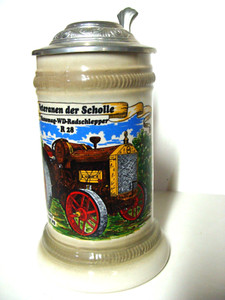 German lidded ceramic beer stein German language collector tractor Hanomag 1927