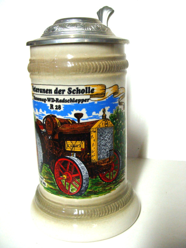 German lidded ceramic beer stein German language collector tractor Hanomag 1927