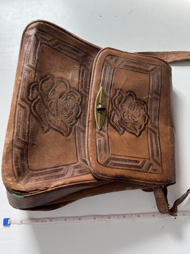 Vtg Hand-Tooled Genuine Leather Purse/Shoulder Bag Natural Rose Flower - Picture 14 of 15