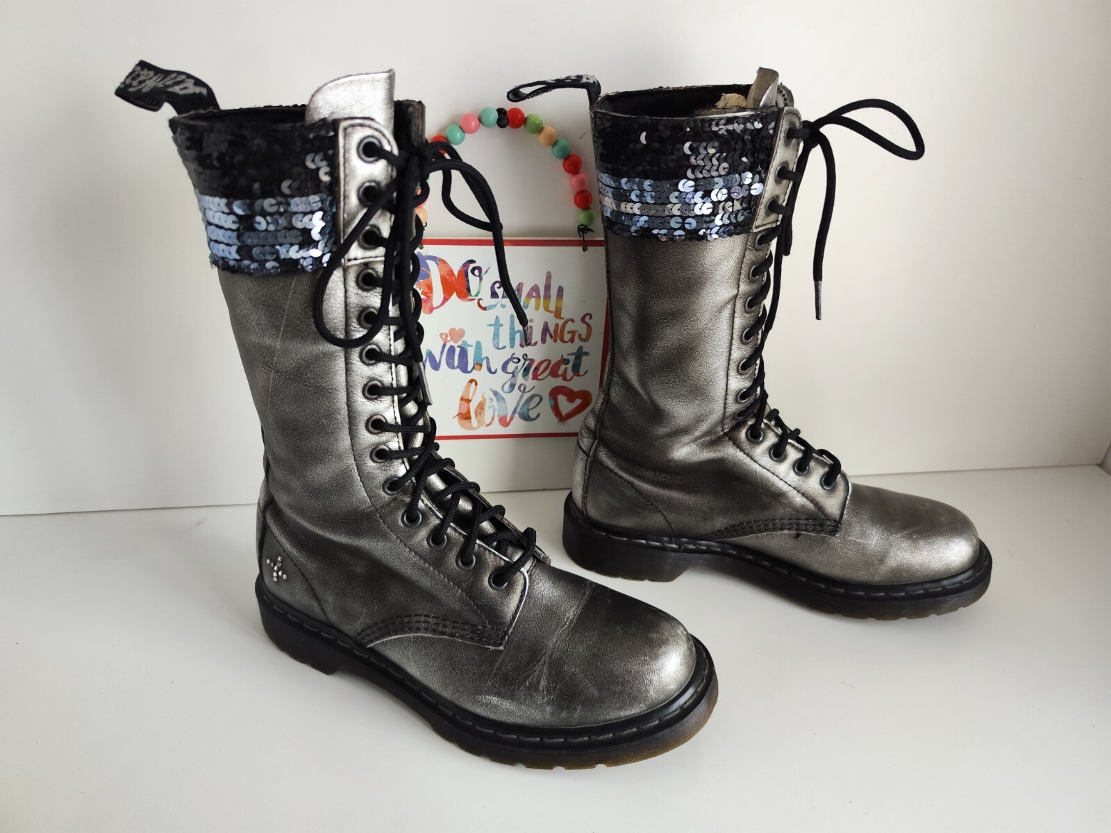 Rare Dr Doc Martens 1914 sequin Seqn 14 eye silver midcalf  boots UK6 EU39 US8 image 3