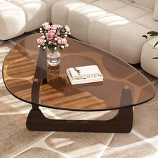 Morden Coffee Table Triangle Tempered Glass Top Rubberwood Base for Living Room
