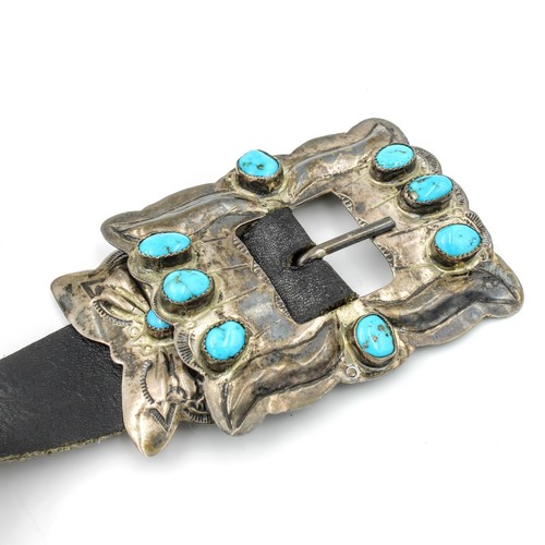 Navajo Signed James Harrison Sterling Turquoise & Leather Concho Belt #S2503-5 - Picture 3 of 8