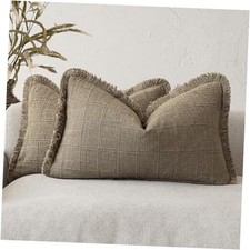 Set of 2 Decorative Linen Check Fringe Throw 20" x 12" Pack of 2 Brown