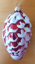 Vintage Red Pinecone Blown Glass Christmas ornament White Snow Dusted Glitter 4"