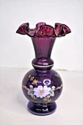 Fenton Royal Purple Floral Hand Painted Signed Vase A. Ankom 7.5"