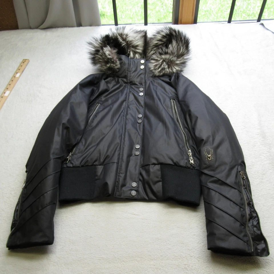 Spyder Down Jacket Womens 8 Black Nylon Faux Fur Hood Snap Zip Cropped Puffer - Image 2 of 4