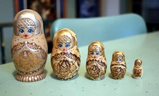 Russian Matryoshkas Nesting Doll 5 piece Gold Silver Burnt Wood Design Signed