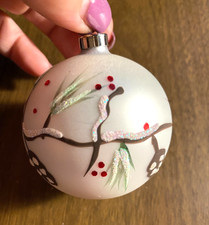 Hand Painted Pinecone Branch Pearlized White Ball Blown Glass Christmas Ornament