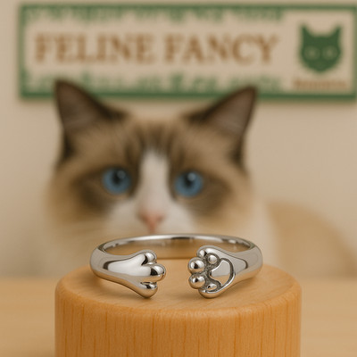 Platinierter verstellbarer Katzenpfotenring Box Geschenk Schmuck für Katzenliebhaber
