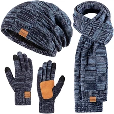 Men’s Winter Hat Scarf Gloves Set, Slouchy Beanie 3-in-1 Warm Accessories