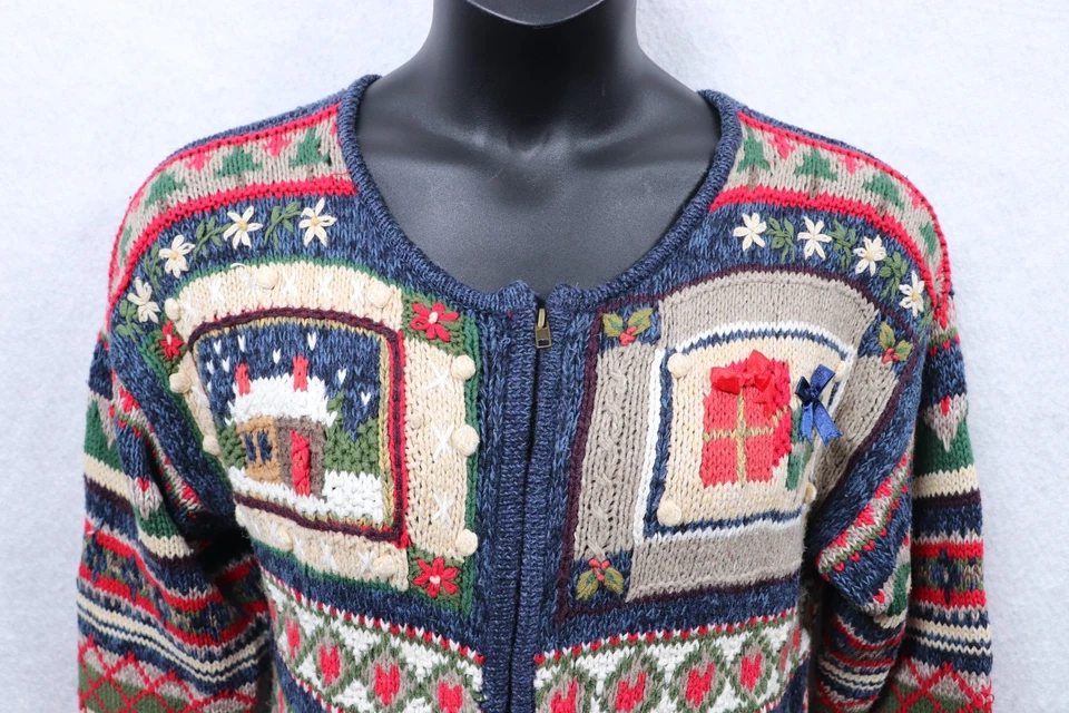 Cardigã feminino vintage anos 90 herança colecionáveis suéter grande Natal zíper completo - Imagem 2 de 4