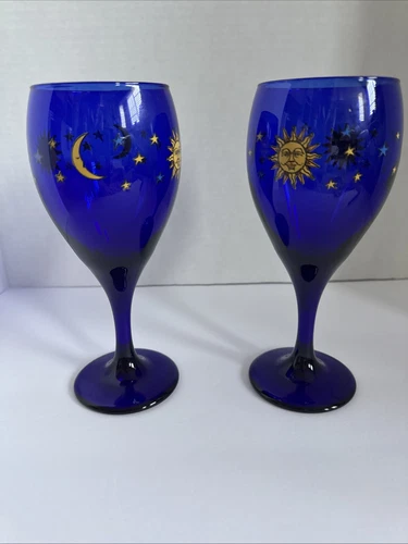 Vintage Pair Libbey Celestial Cobalt Blue Moon Sun Stars Goblet Wine Glass 7.25”