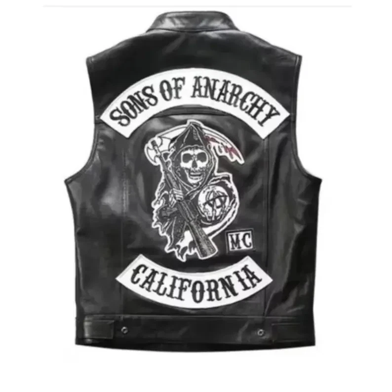 SOA Jax Teller Chaleco de Cuero Hijos de la Anarquía Biker Club Negro Chaleco de Motocicleta Foto 2 de 4