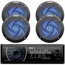 Pyle PLRMR27BTB Bluetooth Receiver, 4x 5.25" 180W Blue LED Black Boat Speakers