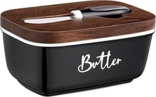 Black Butter Dish with Lid Airtight Ceramic Wood Lid Container
