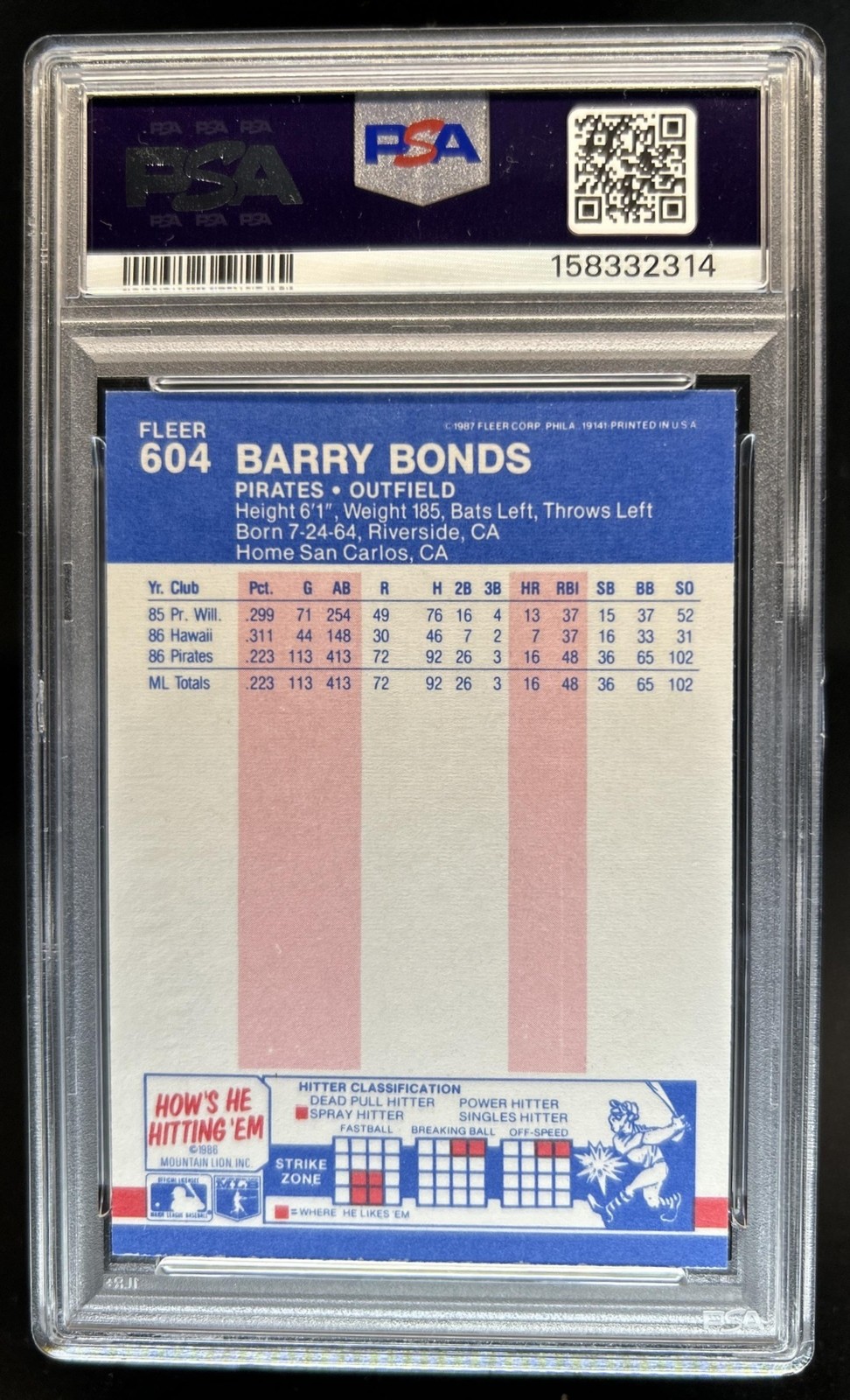 1987 Fleer Barry Bonds Rookie RC #604 Pirates PSA 8 view 2