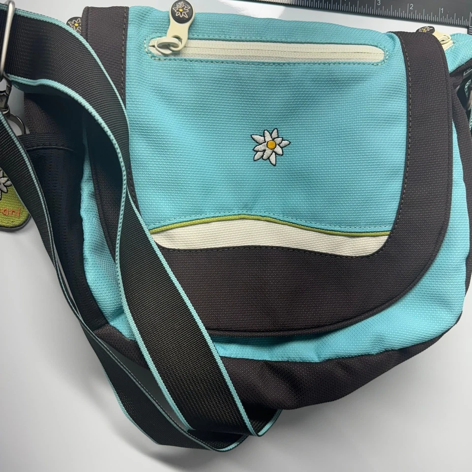 Sherpani Aqua Blue Daisy Embroidered Messenger Bag Crossbody Strap Zip Pockets - Image 2 of 4