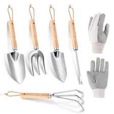 Garden Tools 5-Pieces, Heavy Duty Gardening Hand Tools with Wooden Handle, 