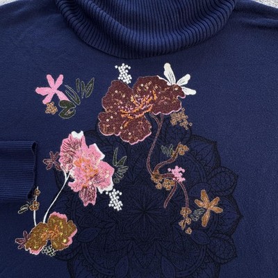 Desigual Tunic Blouse Womens M Blue Turtleneck Embroidered Fringe Floral