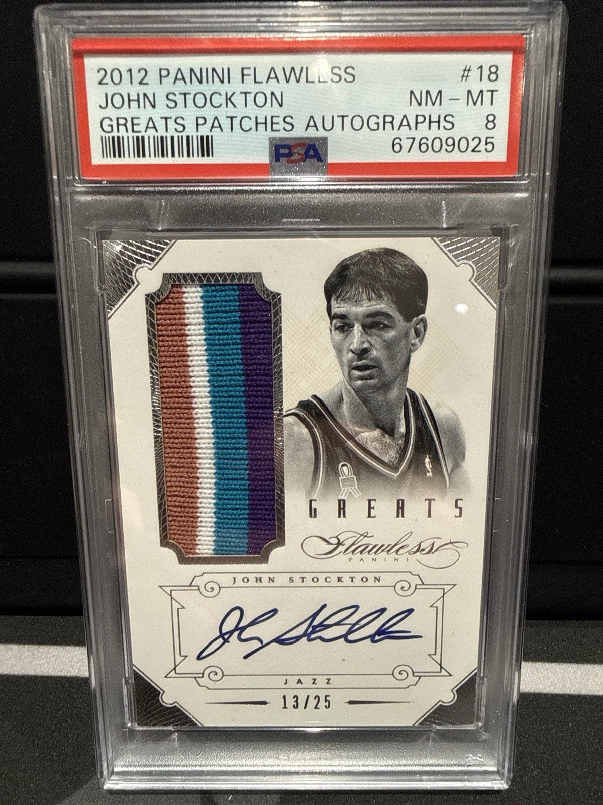 2012 Panini Flawless John Stockton Patch Auto /25 PSA 8 🔥GAME WORN 4 Colour HOF