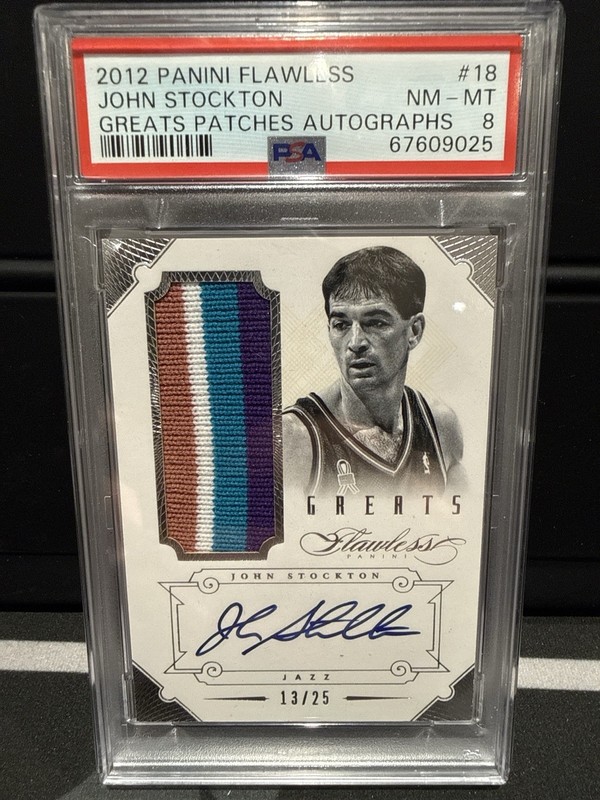 2012 Panini Flawless John Stockton Patch Auto /25 PSA 8 🔥GAME WORN 4 Colour HOF