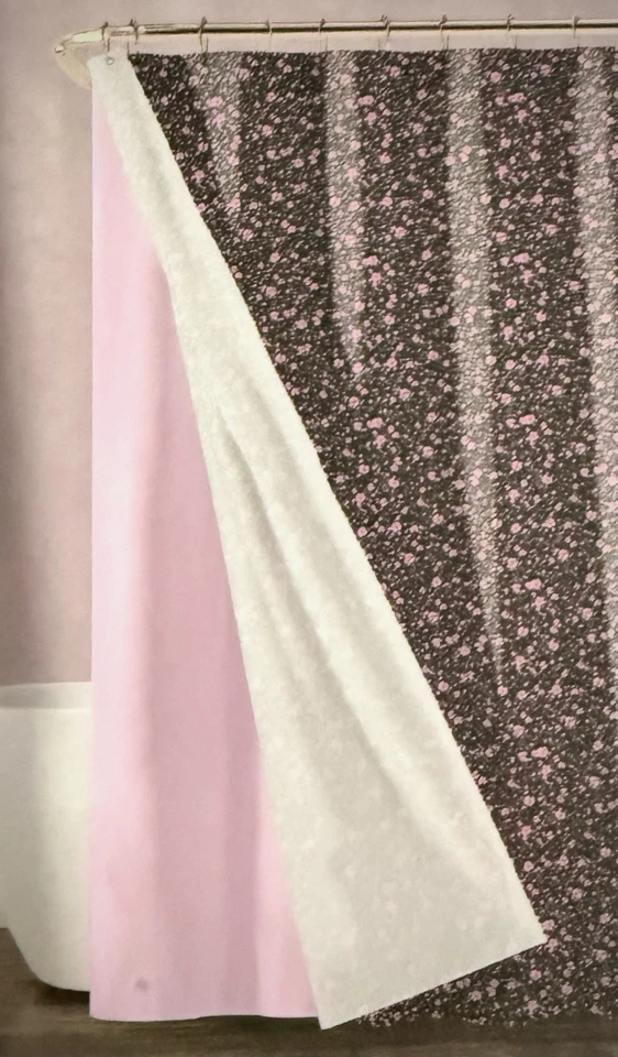 Betsey Johnson 14 pc Fabric Shower Curtain Complete Set Black Pink Floral Mums - Image 3 of 4