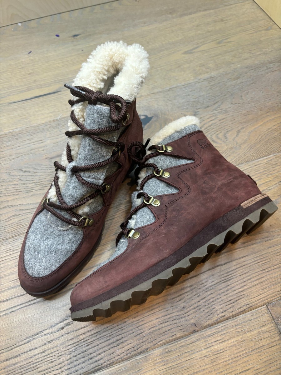 SOREL Sneakchic Alpine Cattail Brown Faux Shearling Lace Up 