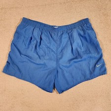 Vtg 90s Nike Swimming Trunks Mens Blue Lined Big Spell Out Logo Sz LARGE RARE