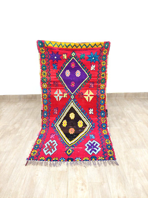 Moroccan Vintage Red Area Rug 3x5 Handmade Berber Geometric Boujaad Runner Rugs