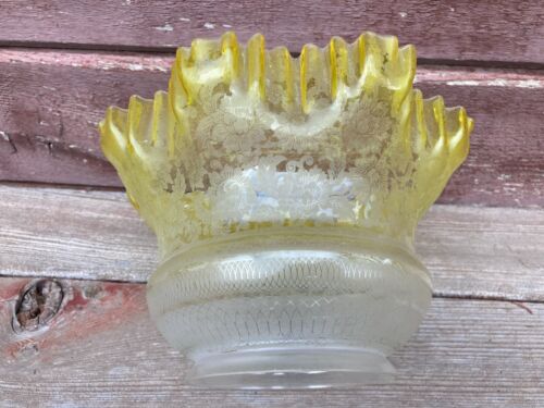 Antique Victorian Yellow Acid Etched Fluted Ruffled Oil Lamp Shade Flower Design - Picture 3 of 8