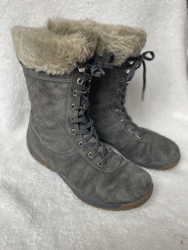 Helly Hansen Gray Suede Leather Quilted Faux Fur Lined Lace Up Boots sz 8.5