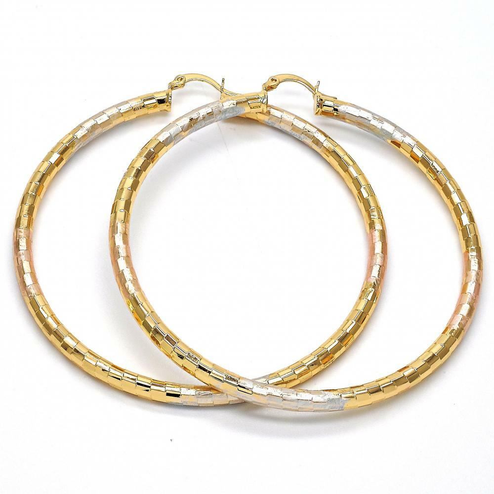 Womens 14K Gold Filled Tri Colored Diamond Cut Round BIG Hoop